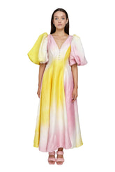 Robe à manches lanternes et col en V de couleur tendance